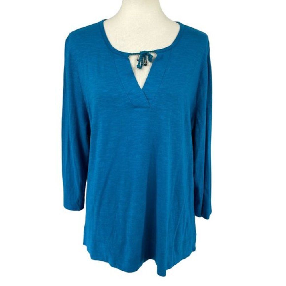 Chico's Women's Blue Split V Neck Long Sleeve Casual Shirt Top Blouse Sz 3
